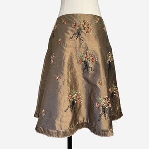 Vintage Y2K Intuitions golden brown silk a-line skirt velvet floral pleated 12